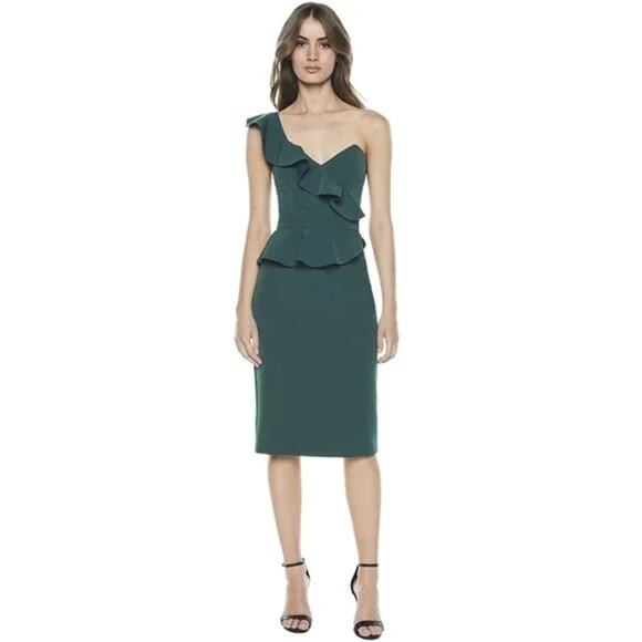 Bardot Camelia Ruffled One Shoulder Sheath Dress in Evergreen NWT - Picture 1 of 9